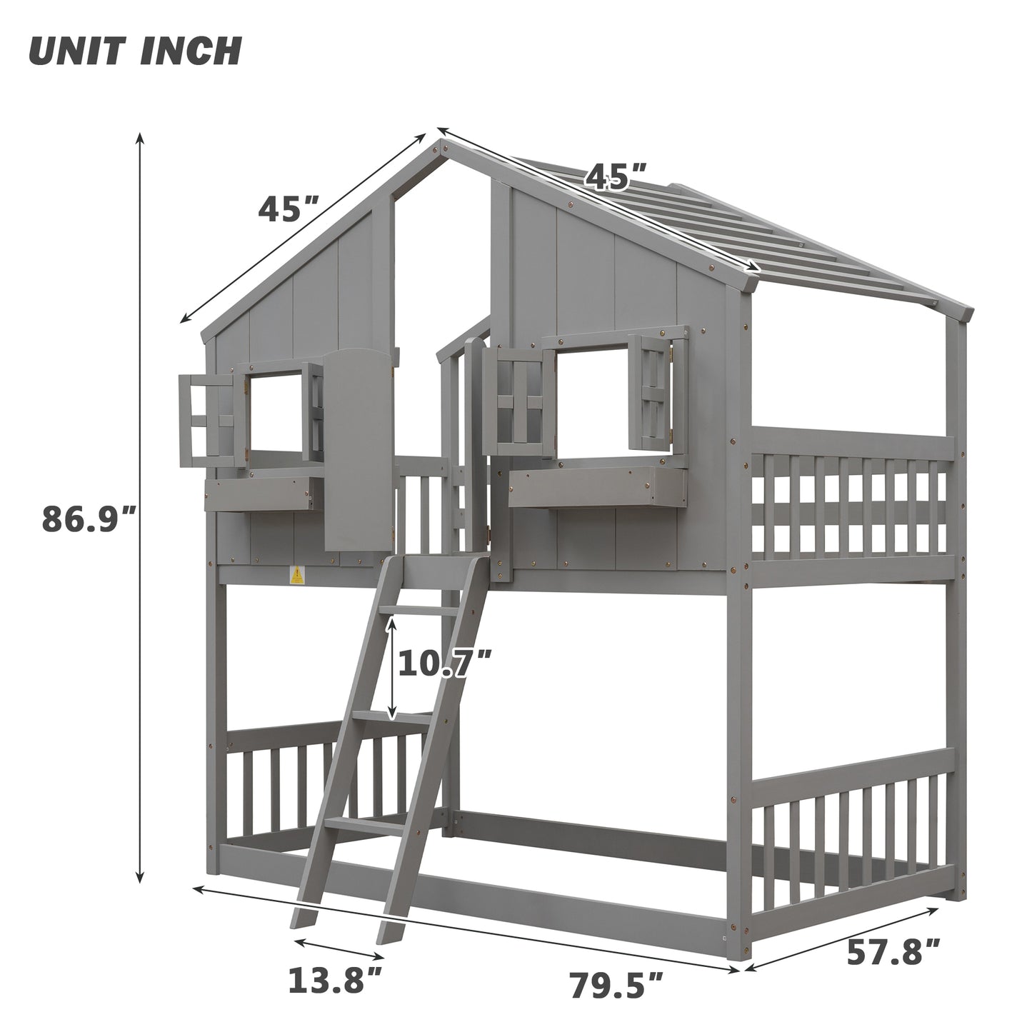 Twin House Bunk Bed for Kids with Roof and Windows - Twin Over Twin Design in Grey