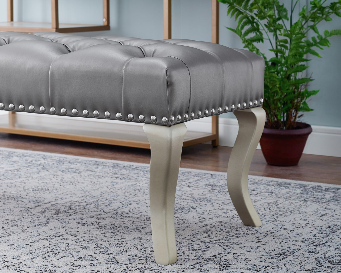 Tufted Fabric Upholstered Bench with Nailhead Trim, Crystal Button Tufting, 48W x 18D x 18H, Champagne