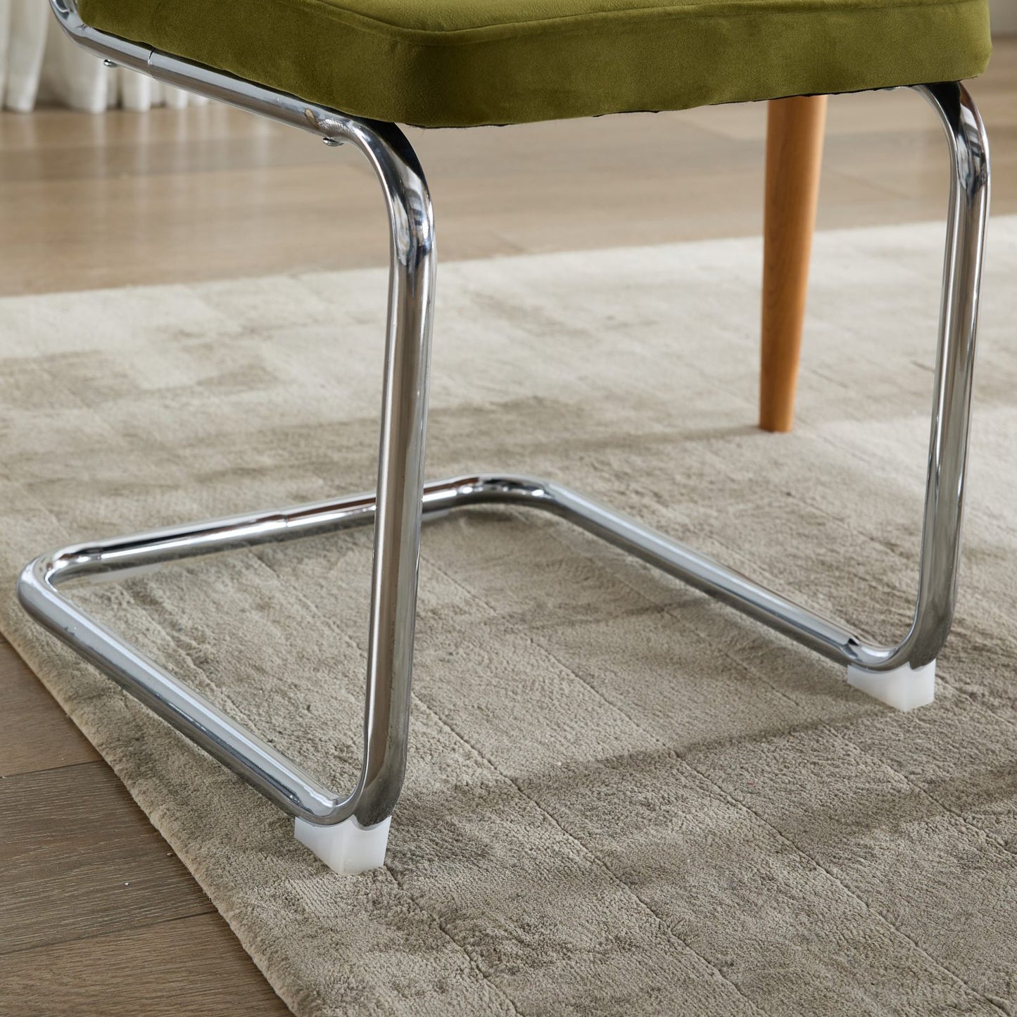 Set of 2 Velvet Dining Chairs with Rattan Back and Cantilever Chrome Base, Mid-Century Style, Olive Green