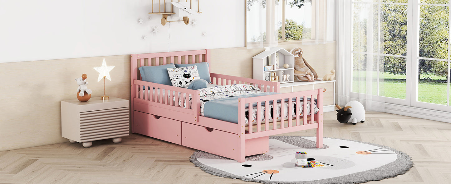 Twin Size Pink Wooden Platform Bed with Safety Guardrails and Dual Storage Drawers