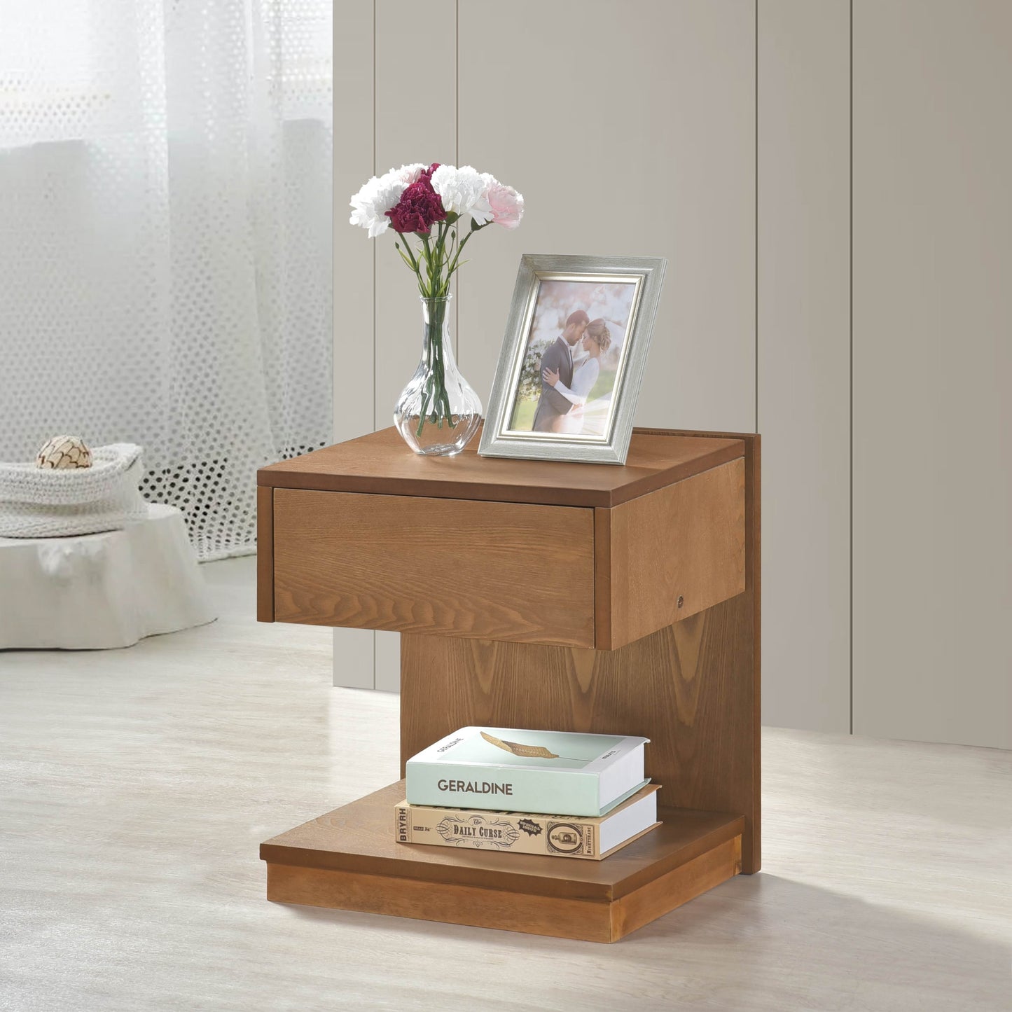 End Table with USB Port, 1 Drawer, Open Storage, 18x12.5x19 in, Wood, Living Room Brown Finish