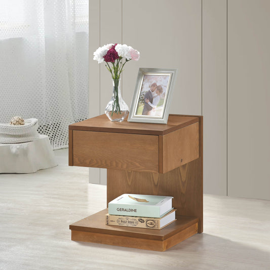 End Table with USB Port, 1 Drawer, Open Storage, 18x12.5x19 in, Wood, Living Room Brown Finish
