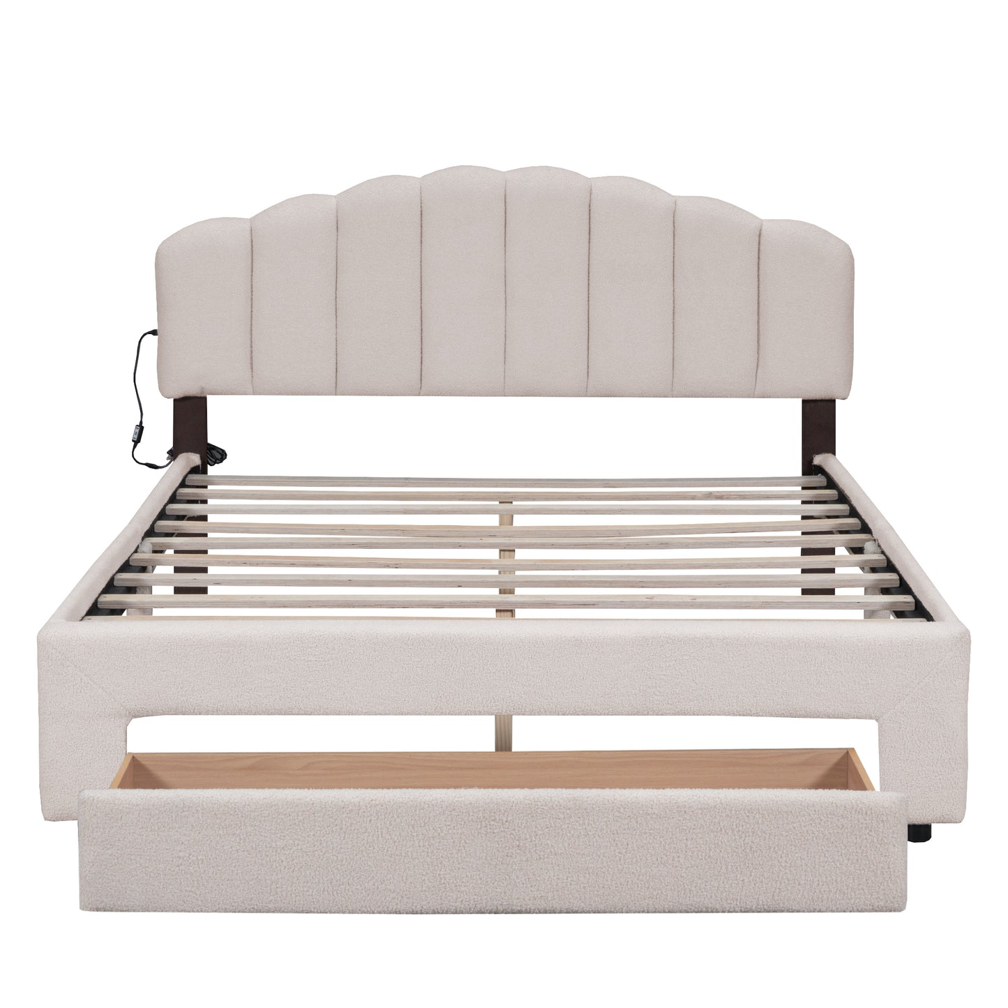Beige Teddy Fleece Queen Upholstered Platform Bed with Storage Drawer