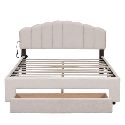 Beige Teddy Fleece Queen Upholstered Platform Bed with Storage Drawer