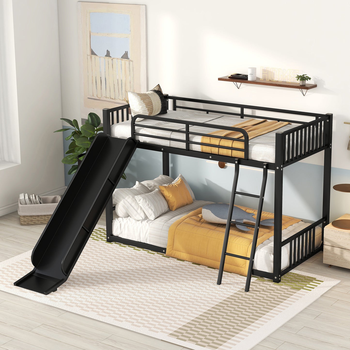 Twin Metal Bunk Bed with Fun Slide - Black Color