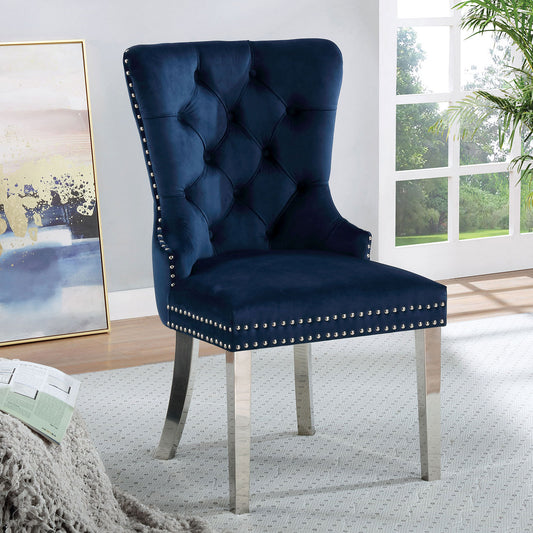 2-Piece Wingback Dining Chairs, Button-Tufted Upholstery, Solid Wood Frame, Chrome Legs - Blue