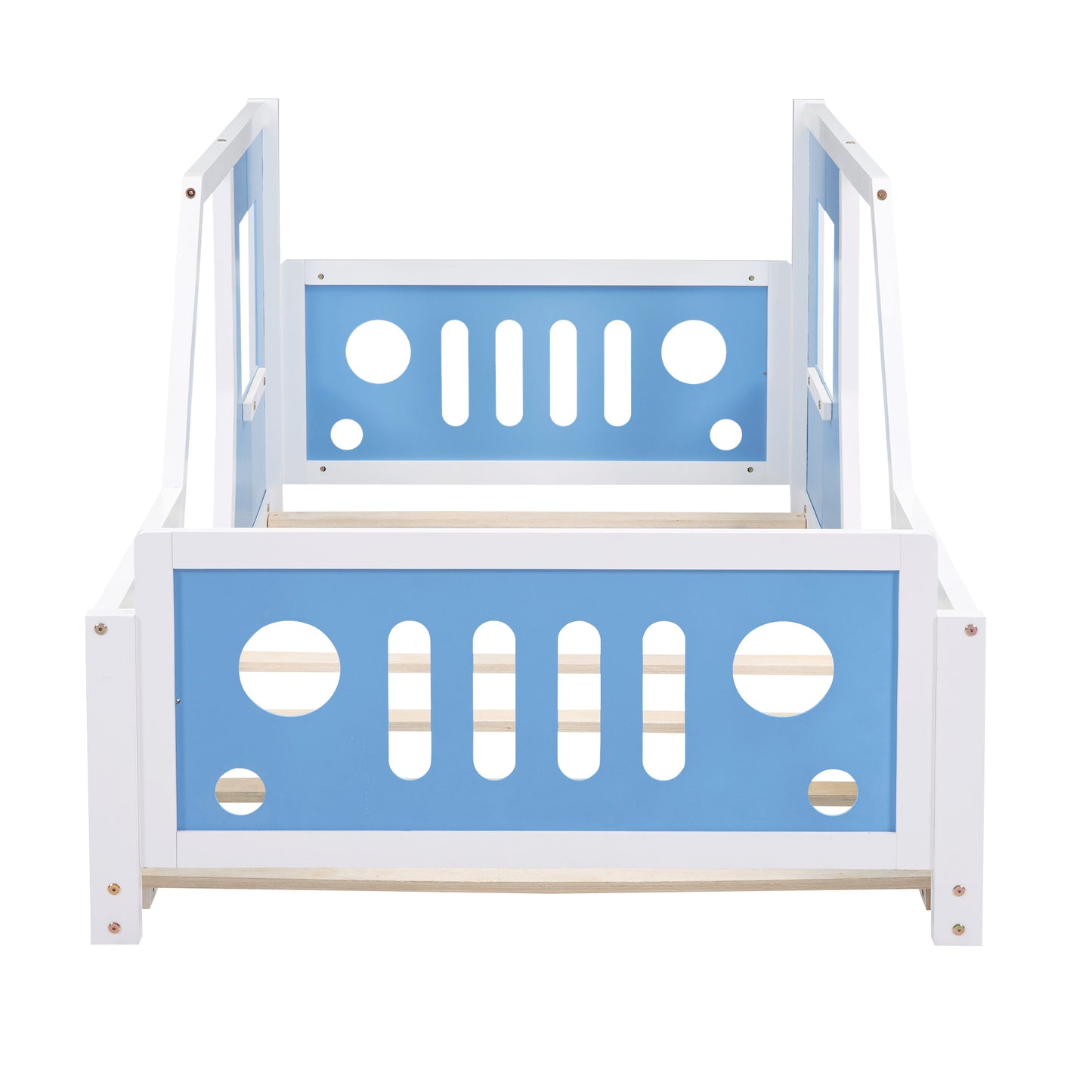 Blue Twin Size Car-Themed Platform Bed with Wheels