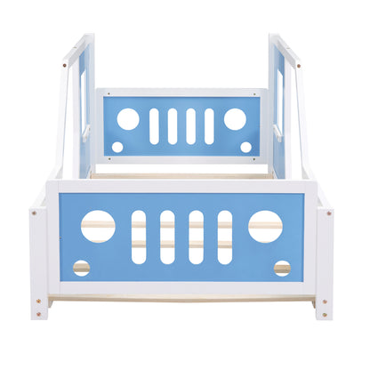 Blue Twin Size Car-Themed Platform Bed with Wheels