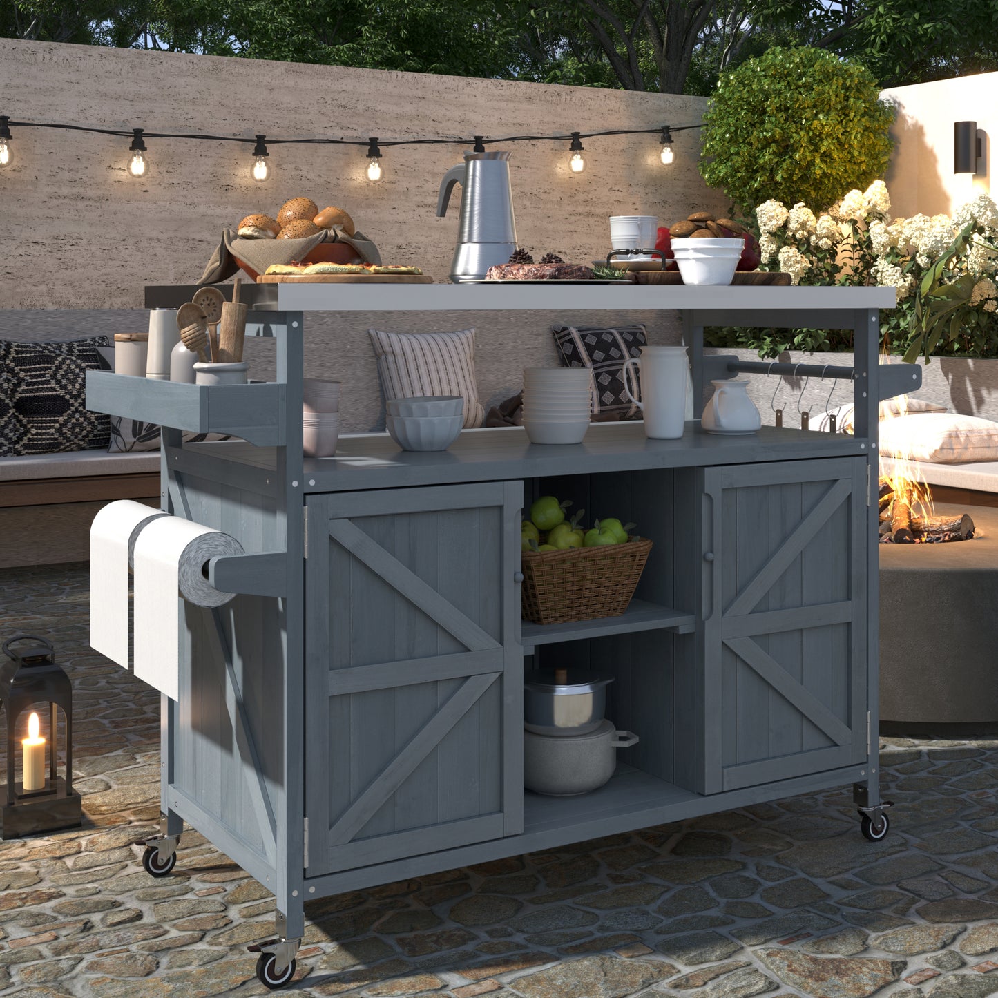 Rolling Outdoor Kitchen Island with Stainless Steel Top, Grey Blue Fir Wood Bar Cart & Storage Cabinet for BBQ and Garden Parties