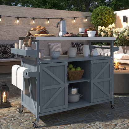 Rolling Outdoor Kitchen Island with Stainless Steel Top, Grey Blue Fir Wood Bar Cart & Storage Cabinet for BBQ and Garden Parties