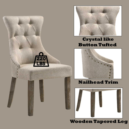 Dining Room Side Chair Set of 2 - Tufted High-Back, Nailhead Trim, Wood Legs, 24x22x38in - Beige and Gray