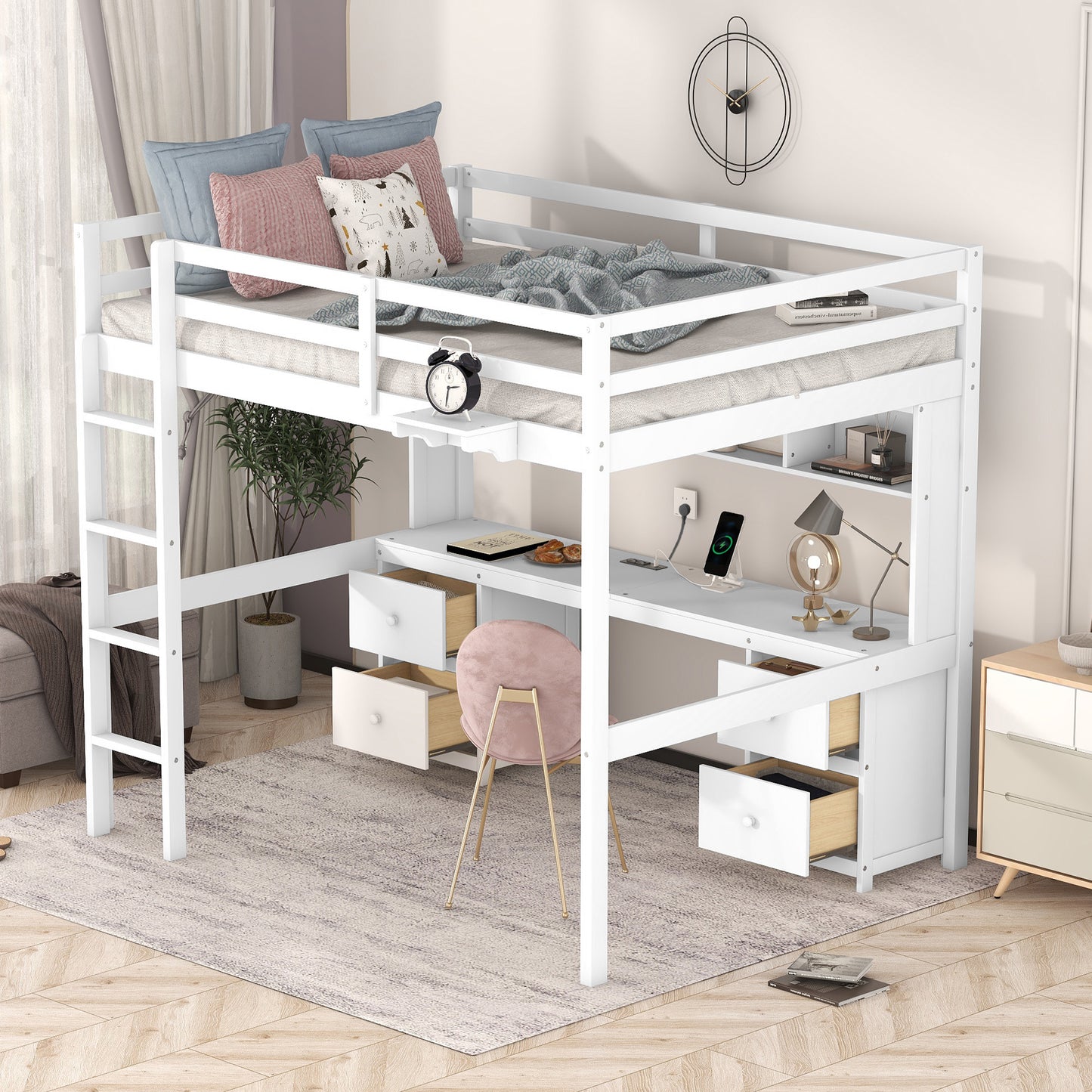 White Full Size Loft Bed with Integrated Desk, Storage Drawers, Bedside Tray, and Charging Station