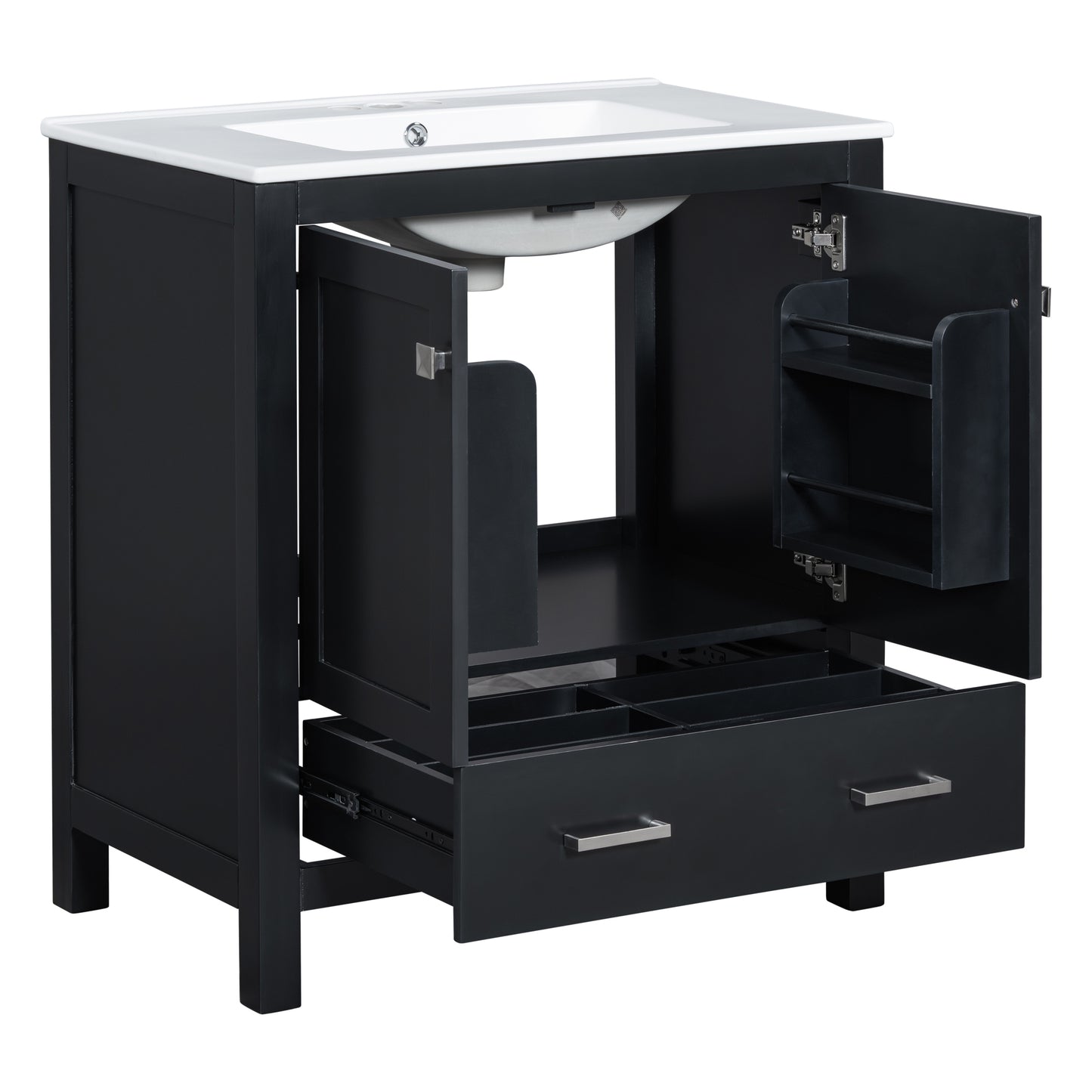 30-Inch Modern Black Bathroom Vanity with Single Sink and Soft-Close Doors, Stylish Storage Cabinet with Undermount Ceramic Basin, Durable Solid Wood Frame