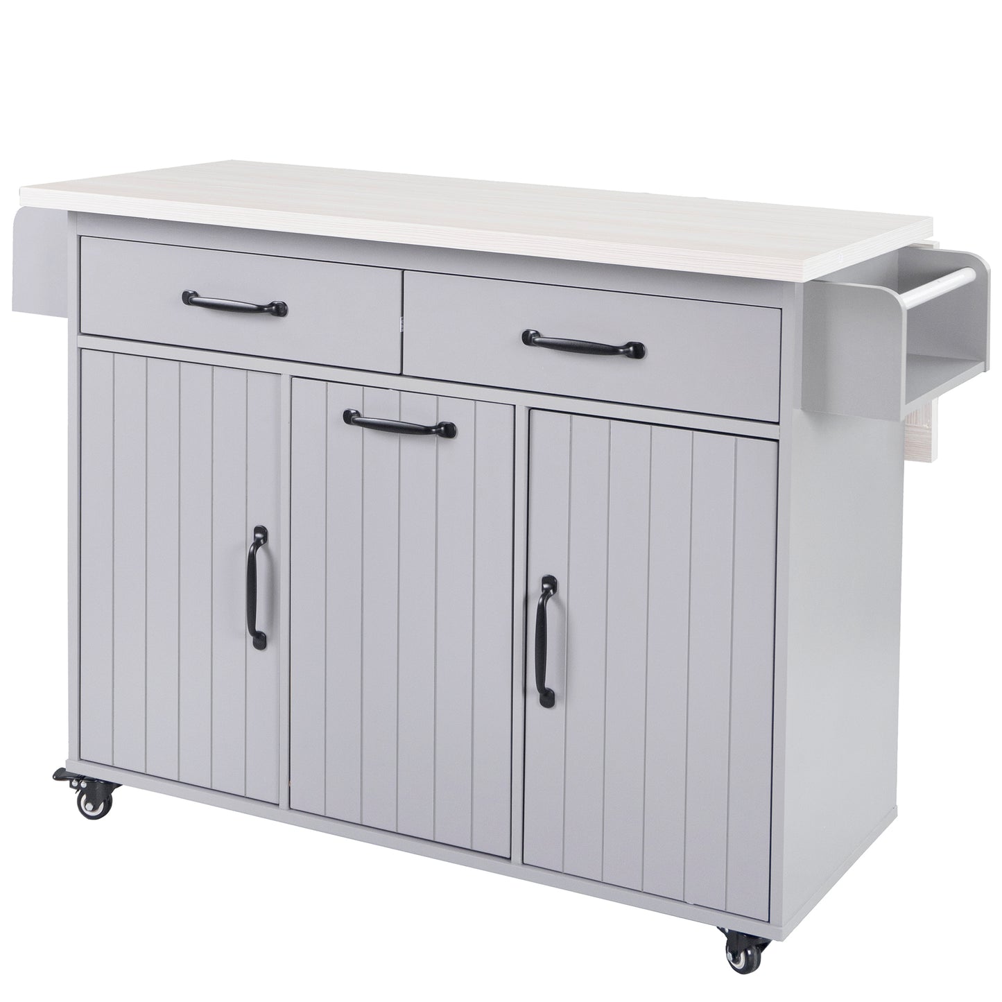 Grey Rolling Kitchen Island with Drop Leaf and Trash Can Storage, Spice Rack, Towel Rack, and Adjustable Shelves
