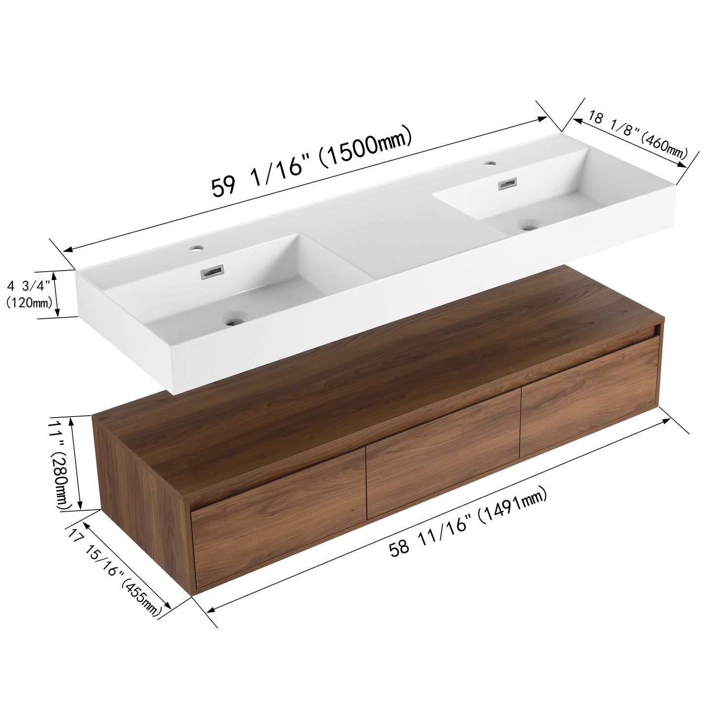 Contemporary 60-Inch Wall-Mounted Bathroom Vanity with Dual Resin Sinks, Soft-Close Drawers, and Floating Design