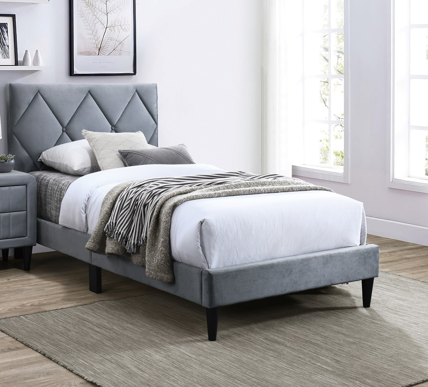 Luxurious Grey Velvet Full Size Bed with Adjustable Headboard for Youth Bedrooms