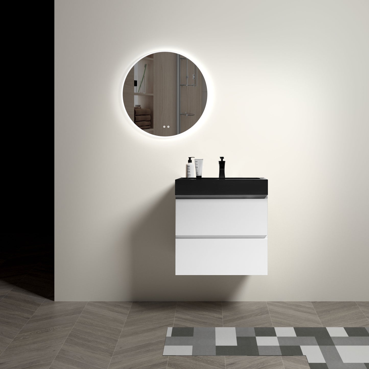 Alice 24" Modern White Floating Bathroom Vanity with Black Sink, Stylish Wall-Mounted Design and Ample Storage, Pre-assembled