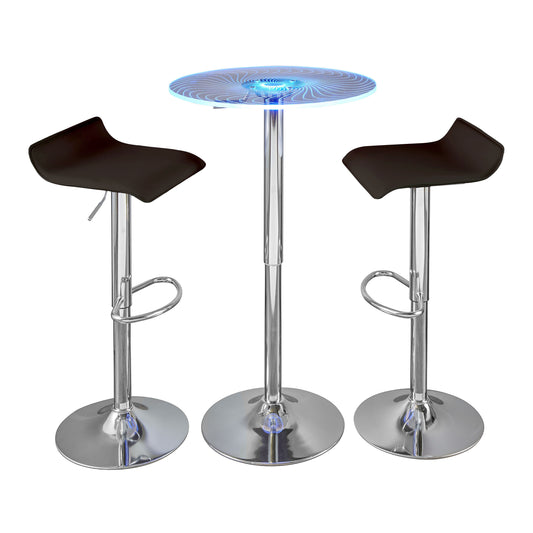 Contemporary 3-Piece Adjustable Bar Set, Chrome Metal, Clear Acrylic, Light-Up Tabletop, PVC Frame Brown
