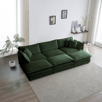 6-Seater Reversible Modular Sectional Sofa Set with 3 Ottomans, Chenille Upholstery, U-Shape Sofa Green