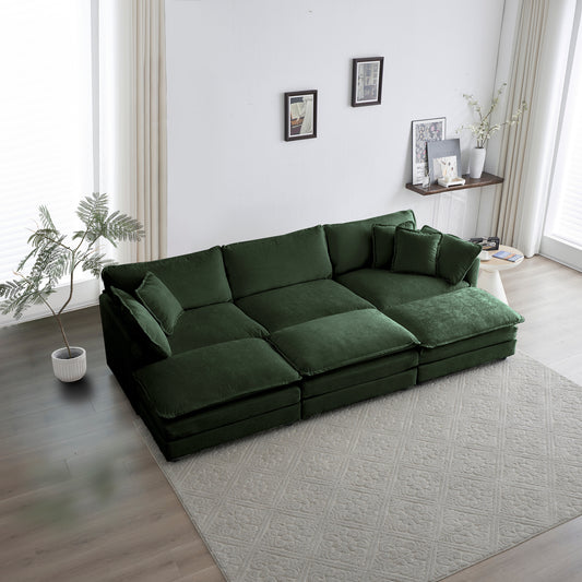 6-Seater Reversible Modular Sectional Sofa Set with 3 Ottomans, Chenille Upholstery, U-Shape Sofa Green