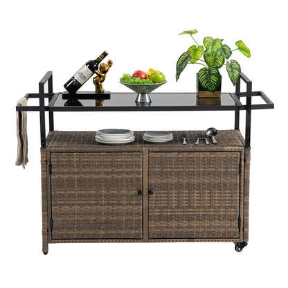 Outdoor Wicker Bar Cart With Wheels Rolling Rattan Beverage Serving Table With Glass Top For Patio Poolside Light Brown