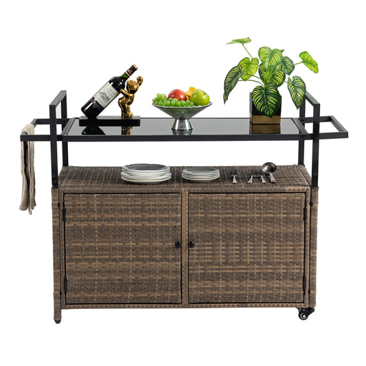 Outdoor Wicker Bar Cart With Wheels Rolling Rattan Beverage Serving Table With Glass Top For Patio Poolside Light Brown