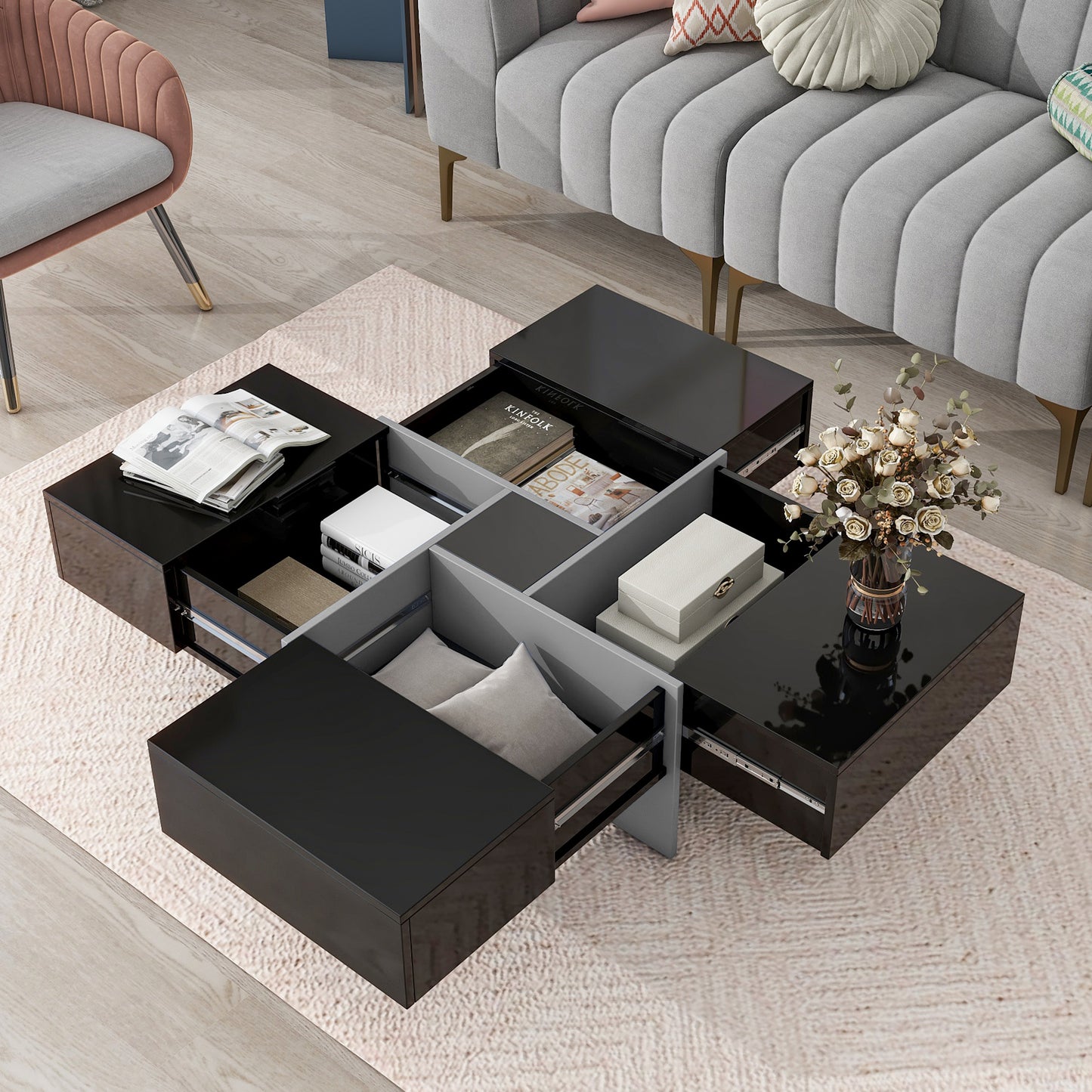 Extendable Square Coffee Table with 4 Hidden Storage, 31.5 x 31.5 in, UV High-Gloss, Living Room Black