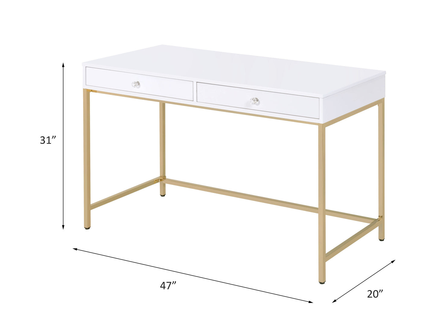 Contemporary White High Gloss Writing Desk with Gold Accents