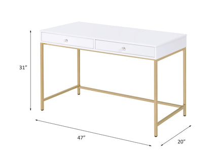 Contemporary White High Gloss Writing Desk with Gold Accents