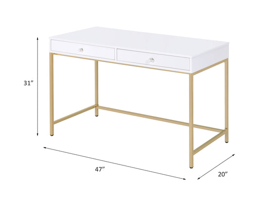 Contemporary White High Gloss Writing Desk with Gold Accents