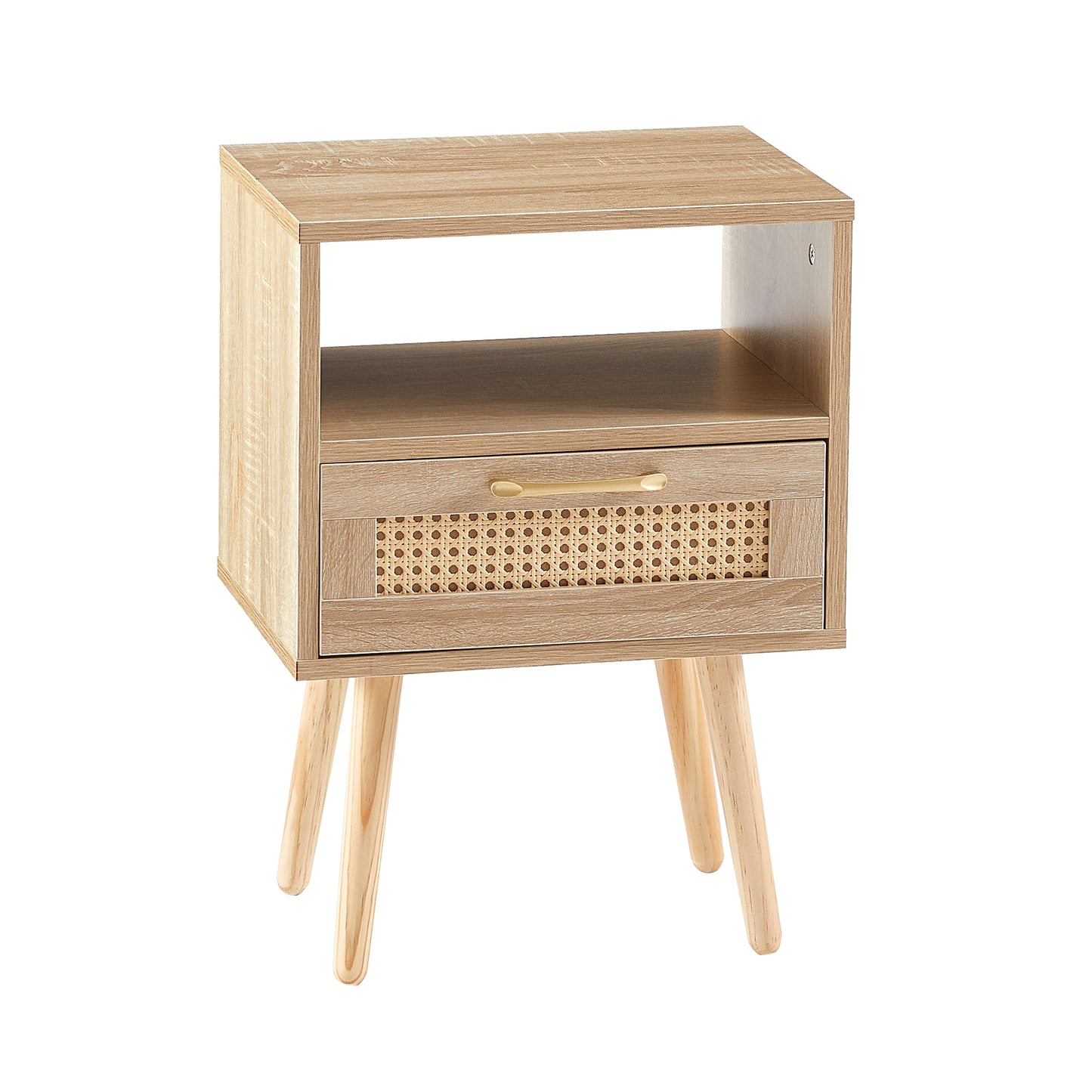 End Table with Rattan Drawer, Solid Wood Legs, 15.75 x 11.81 in, MDF Body, Living Room, Natural Finish