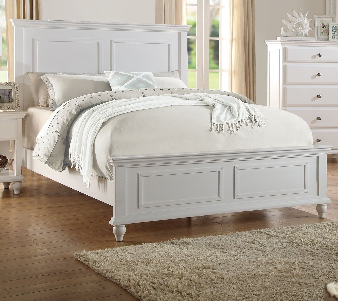 Elegant White Queen Size Bed Frame with High Panel Headboard and Footboard