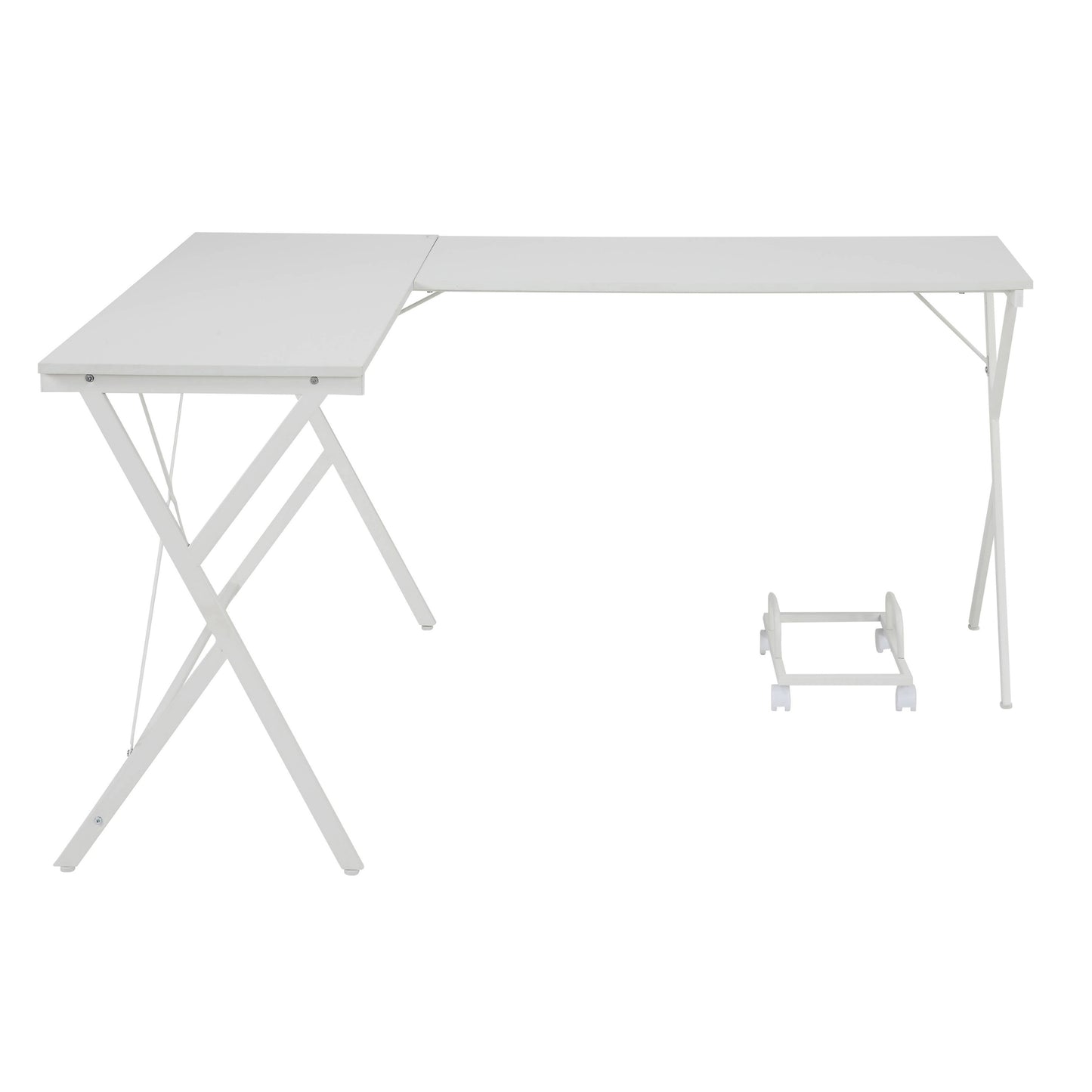 Modern White L-Shaped Workstation with Rolling CPU Stand