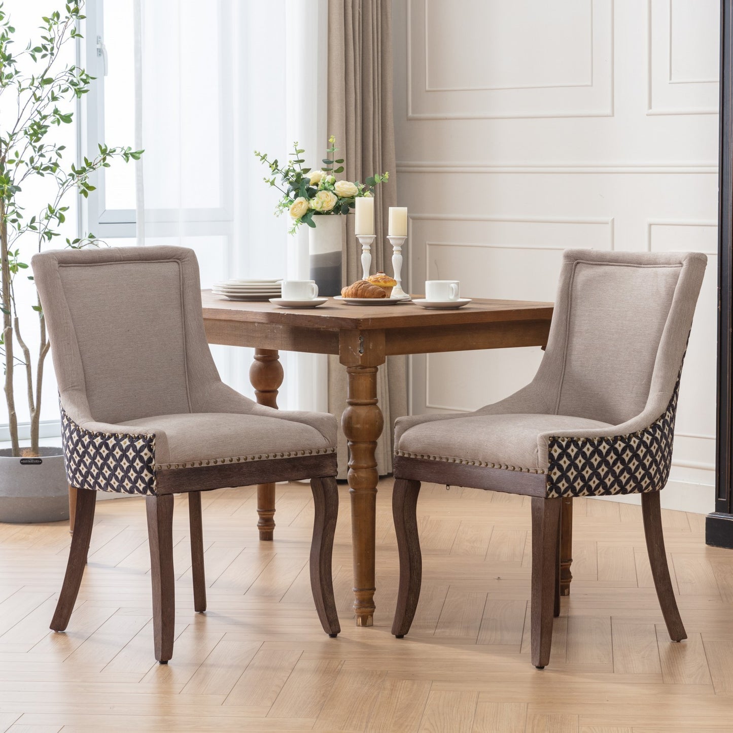 A&A Furniture, Ultra Side Dining Chair, Thickened fabric chairs with neutrally toned solid wood legs, Bronze nail head, Set of 2, Beige and Patterned,SW2207BG
