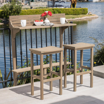 Outdoor Balcony Bar Set With Bottom Shelf Table And Two Stools For Two Person Patio Dining Wood Construction Grey