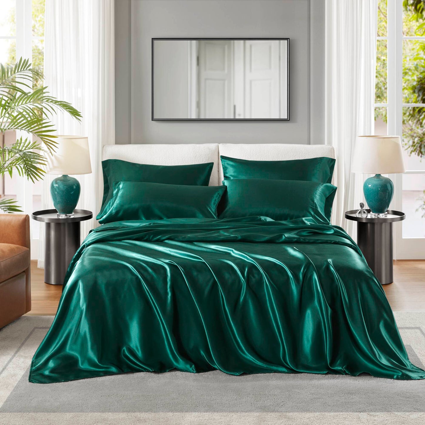 Cal King Satin Luxury Sheet Set - 100% Polyester Satin, Wrinkle-Resistant, Includes Flat & Fitted Sheets and 4 Pillowcases, OEKO-TEX Certified, Emerald