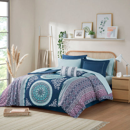 Twin XL Boho Medallion Comforter Set with Sheets and Bed Skirt, Microfiber Bedding, Shams, OEKO-TEX Navy