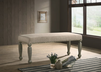 Upholstered Nailhead Bench with Tan Seat, Solid Wood Frame, 48.6 x 15.2 x 18 in, Antique Gray Finish