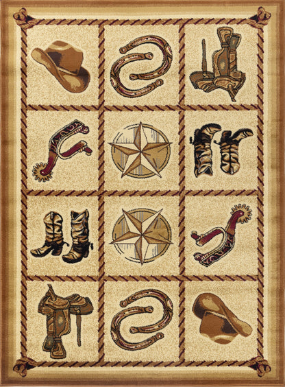 Southwest Area Rug, 5 ft 3 in x 7 ft 3 in, Polypropylene, Jute Backing, Stain-Resistant, Durable, Beige