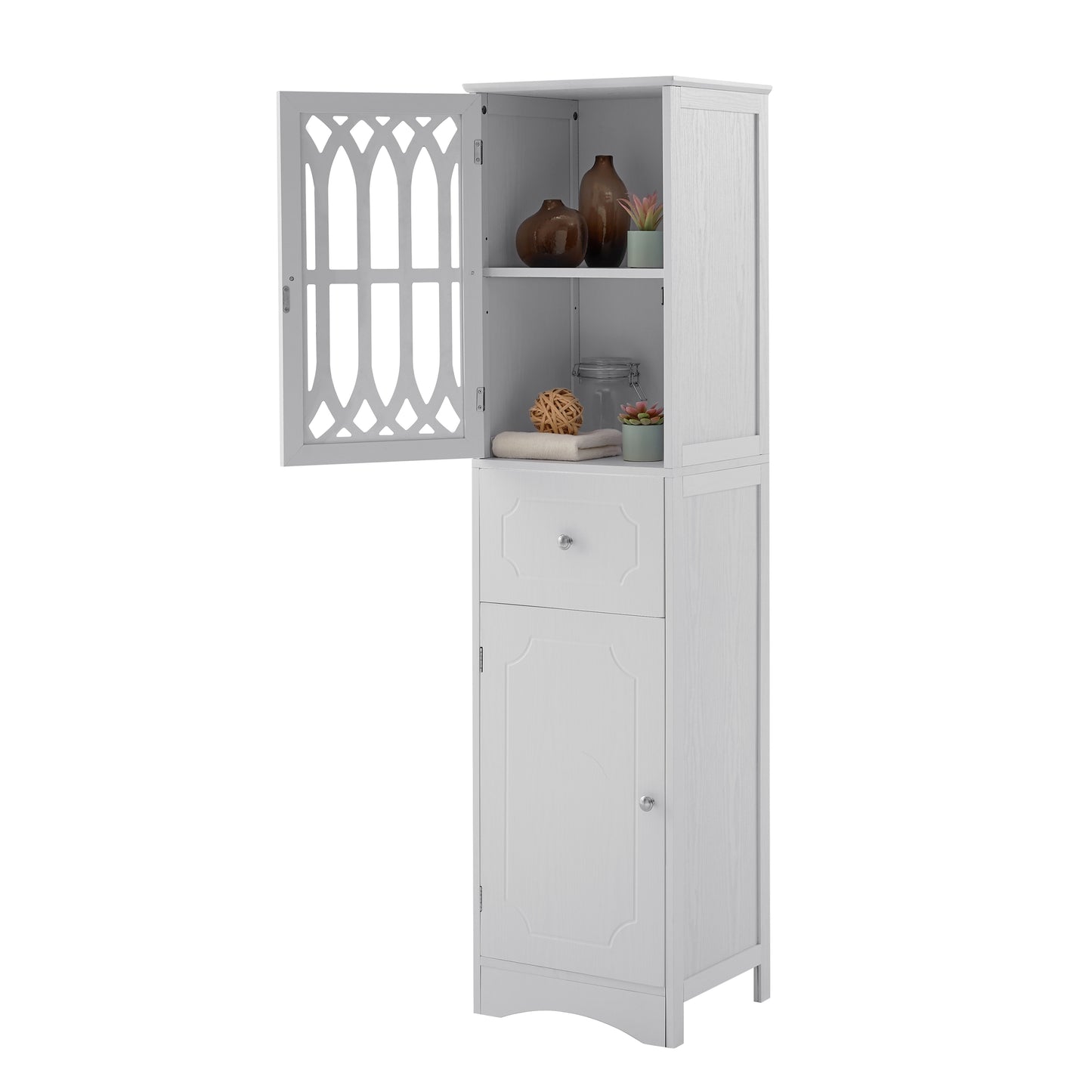 Sleek White Freestanding Bathroom Storage Cabinet with Adjustable Shelves and Drawer
