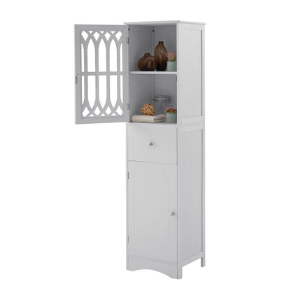 Sleek White Freestanding Bathroom Storage Cabinet with Adjustable Shelves and Drawer