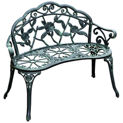 Outdoor Cast Aluminum Bench For Patio With Floral Rose Accent And Antique Finish, 39.25in Long, 21.25in Wide Green