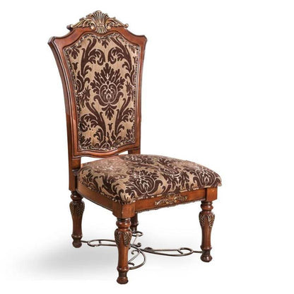 2-Pack Traditional Dining Chairs - Solid Wood, Carved Back, Floral Fabric Seats, Dining Room Brown Cherry