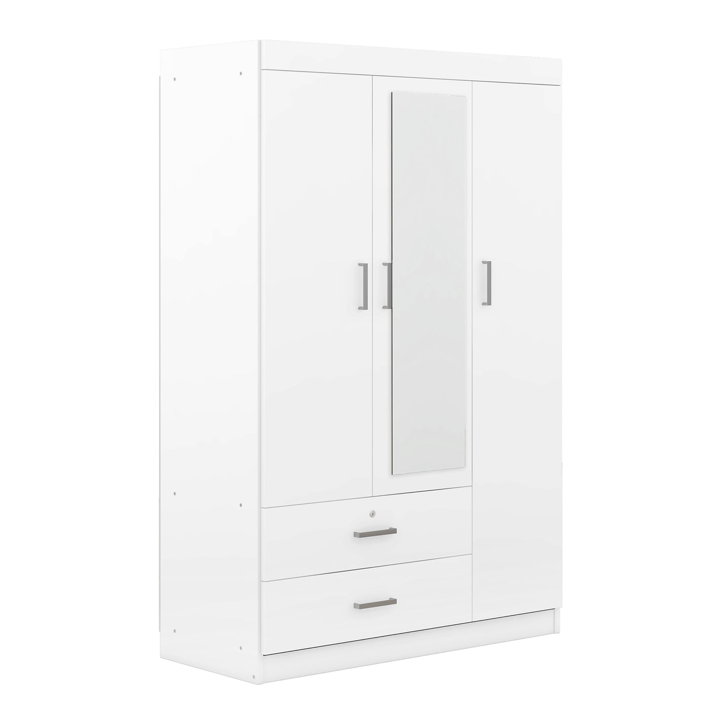 3-Door Mirror Wardrobe with shelves, White