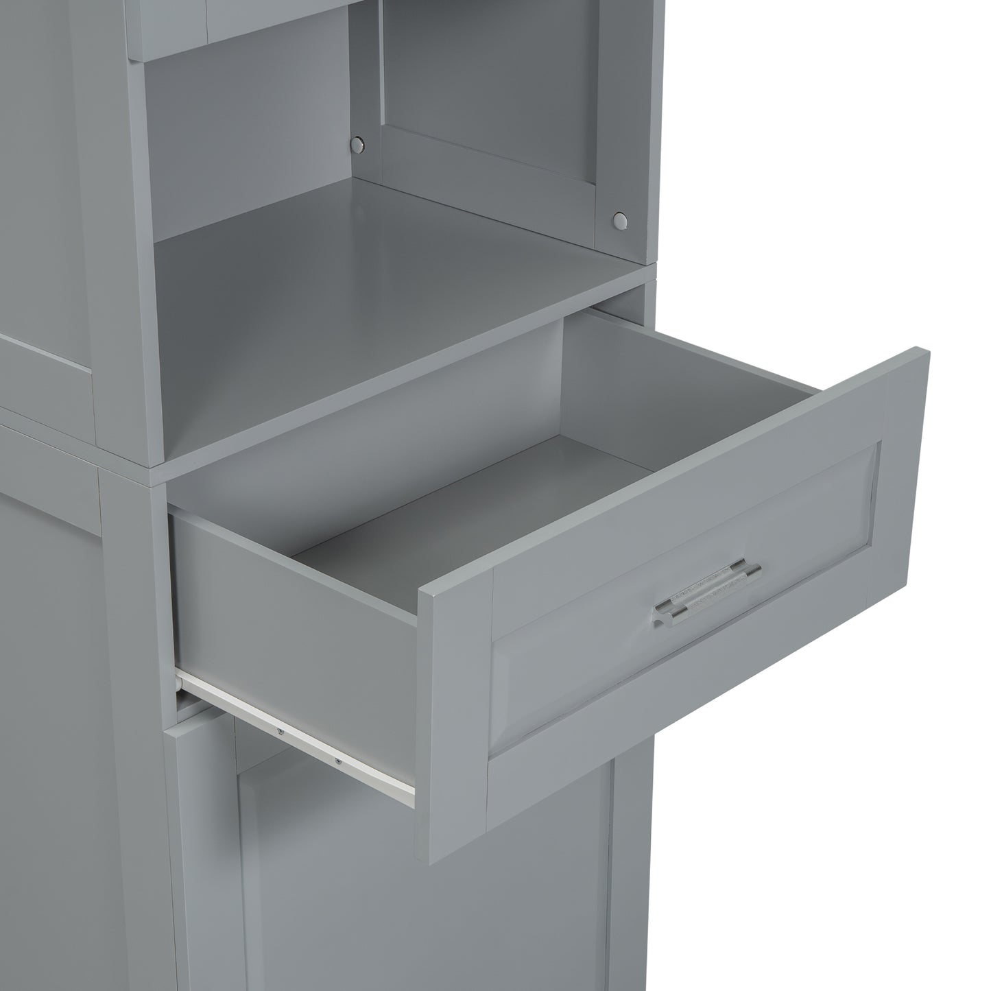 Tall Grey Storage Cabinet with Removable Laundry Hamper, Multi-Functional Upper Shelves and Cabinet Doors