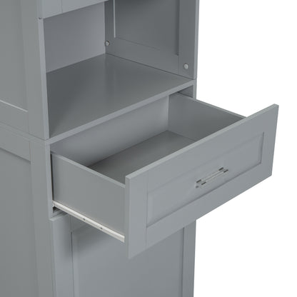 Tall Grey Storage Cabinet with Removable Laundry Hamper, Multi-Functional Upper Shelves and Cabinet Doors