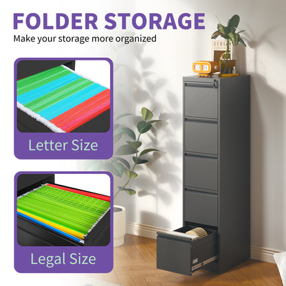 5 Drawer Metal Vertical File Cabinet with Lock Office Home Steel Vertical File Cabinet for A4 Legal/Letter Size
