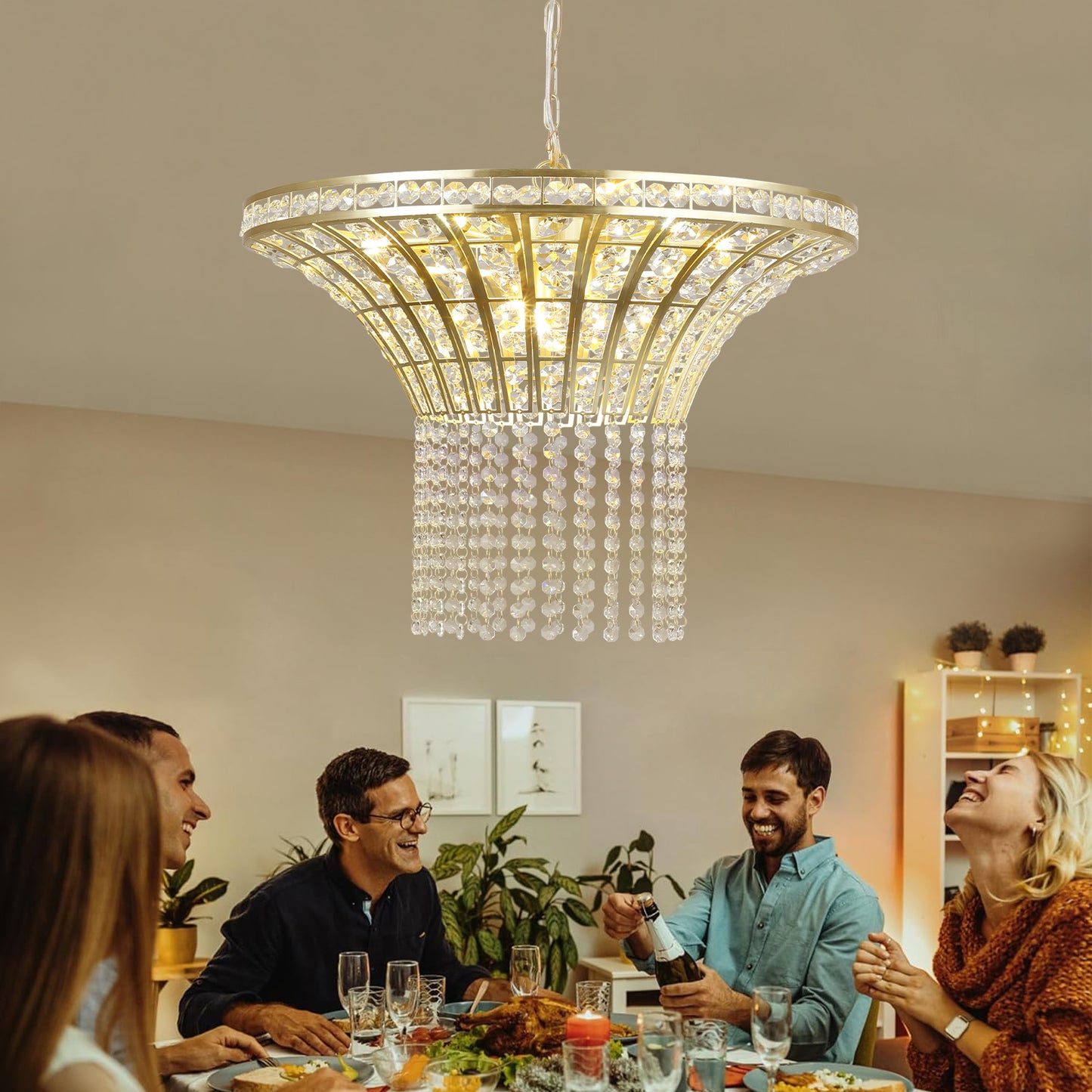 8-Light Crystal Waterfall Chandelier, 23.6 Modern Ceiling Light for Living Room, Dining, Sand Gold Finish
