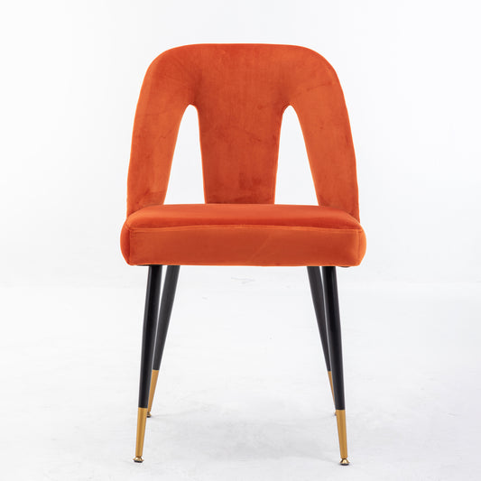 Set of 2 Velvet Upholstered Dining Chairs with Nailhead Trim and Gold-Tipped Black Metal Legs, Orange