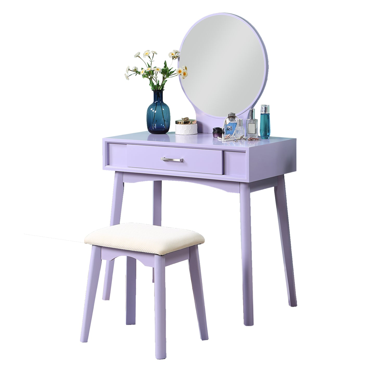 Contemporary Wood Vanity and Stool Set with Storage Drawers, Makeup Table for Bedroom, Modern Desk - Purple